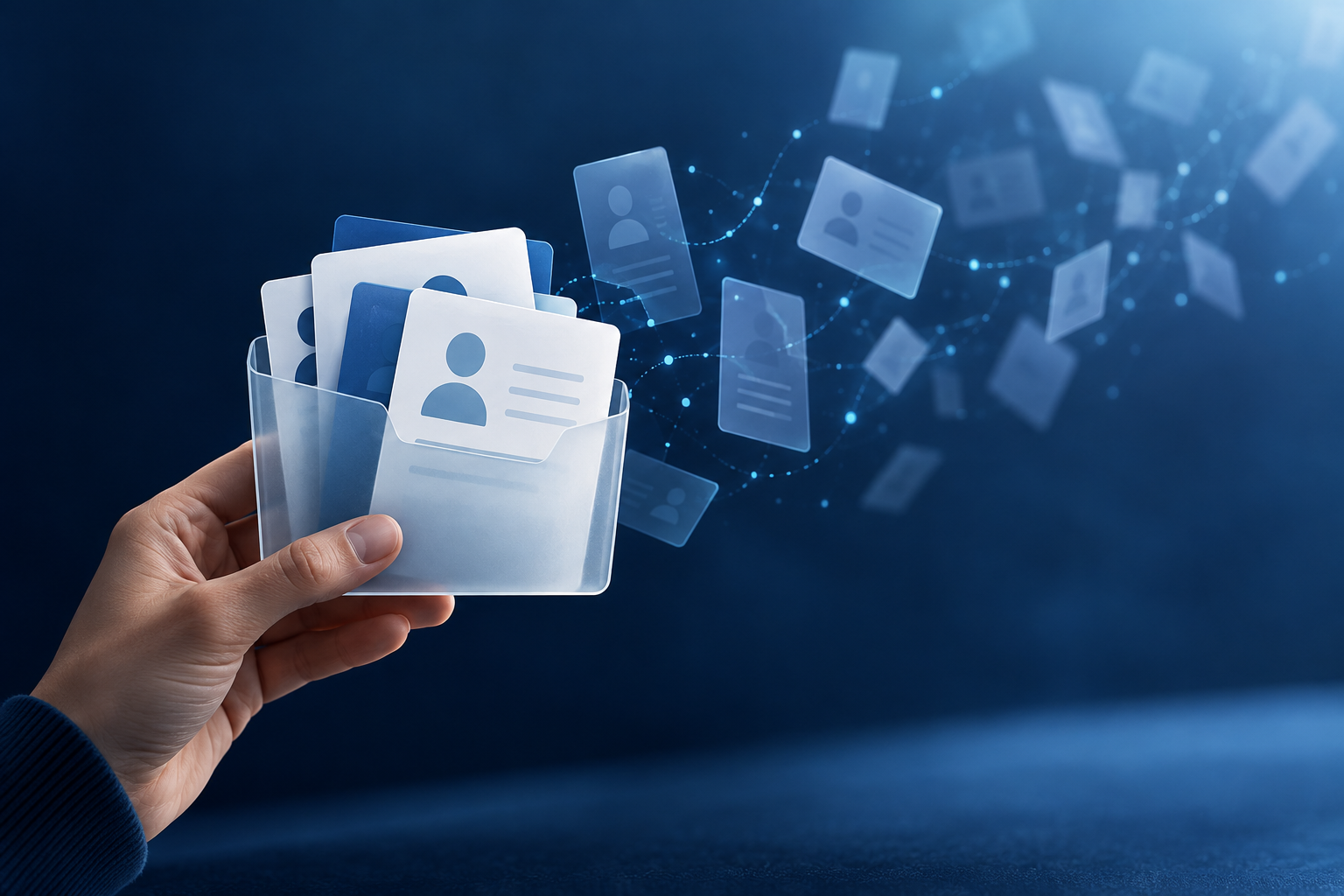A hand holds anonymous profile cards as data cards fade into a blue background.