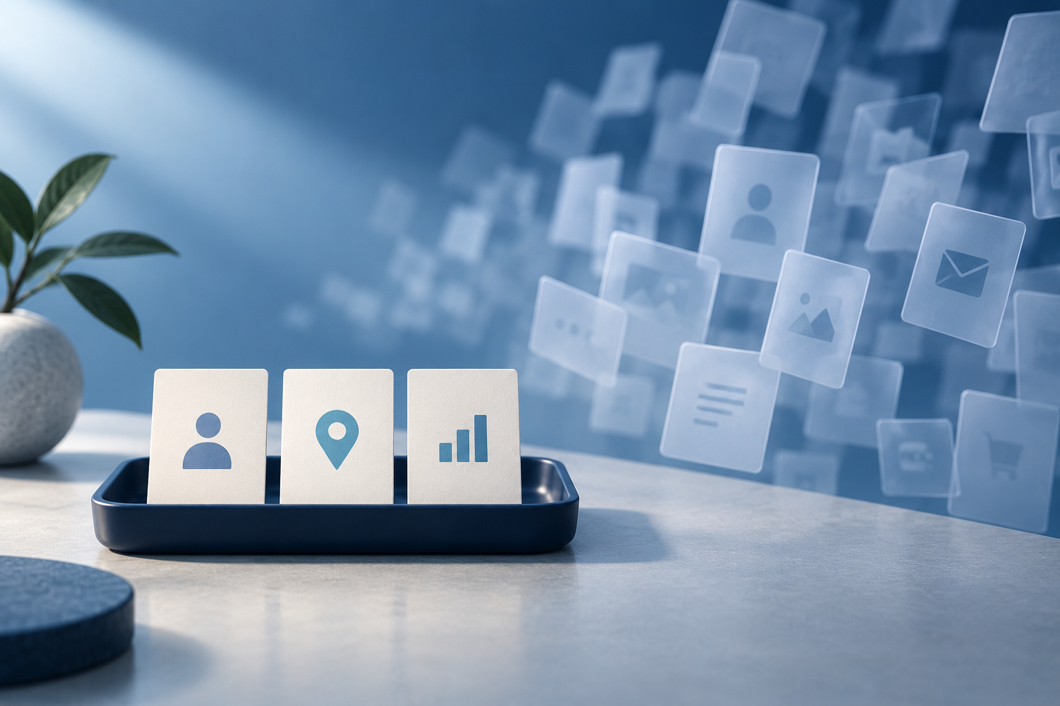 Three simple data cards sit in a small navy tray while translucent cards fade into the background.