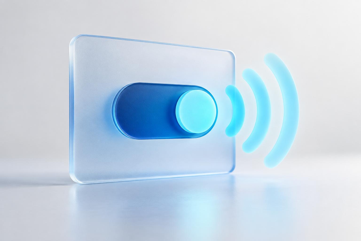 A frosted glass panel holds a cyan toggle beside three curved waves representing a communicated privacy preference.