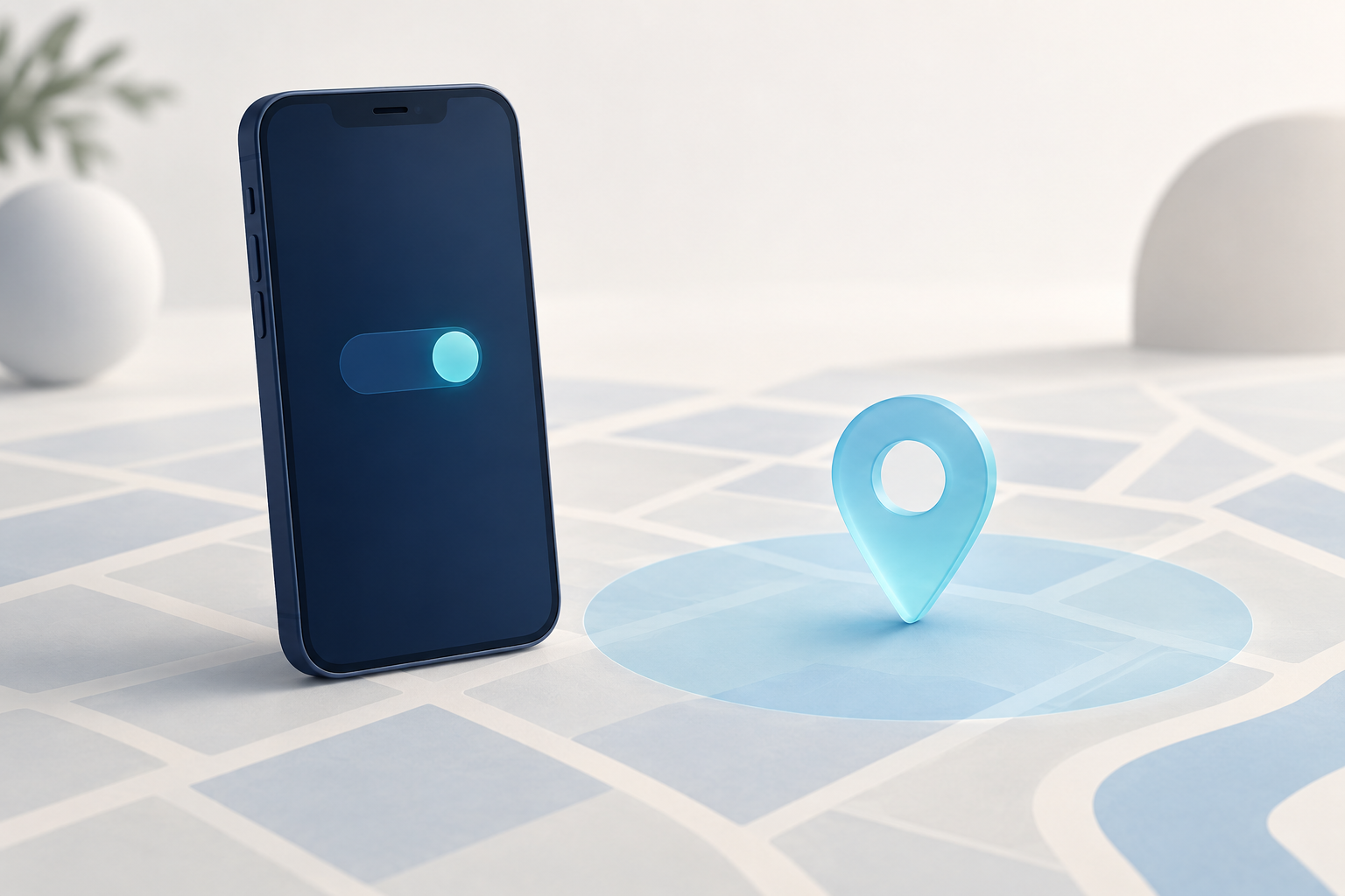 A navy smartphone with a simple privacy control stands beside a translucent cyan location pin over an abstract map.